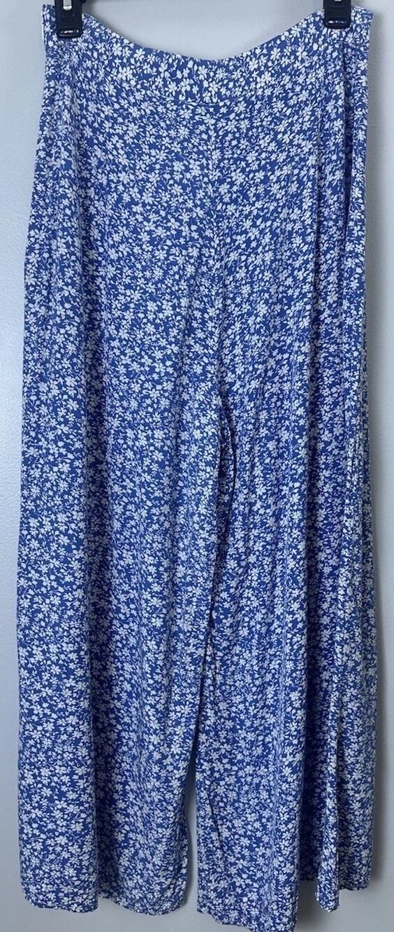 Luukse Women's Pants White on Blue Ditzy Floral Flouncy Wide Leg Zip Closure XL